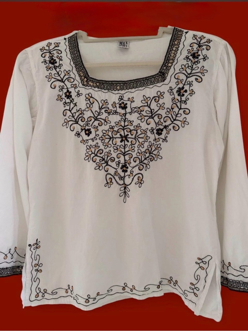 MaxMara White Tunic with Black and Gold Floral Embroidery